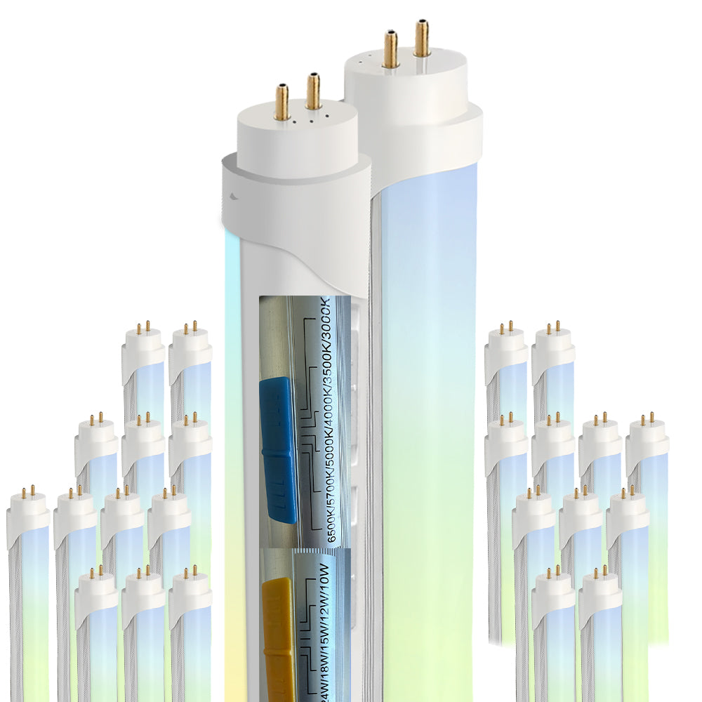 120-277Vac T8 4FT Tube Light, 24W to 10W Selectable 6500K to 2700K Frosted Cover Type A+B Plug Play or Bypass Ballast Single and Dual End Power Input, ETL DLC Listed 25PK