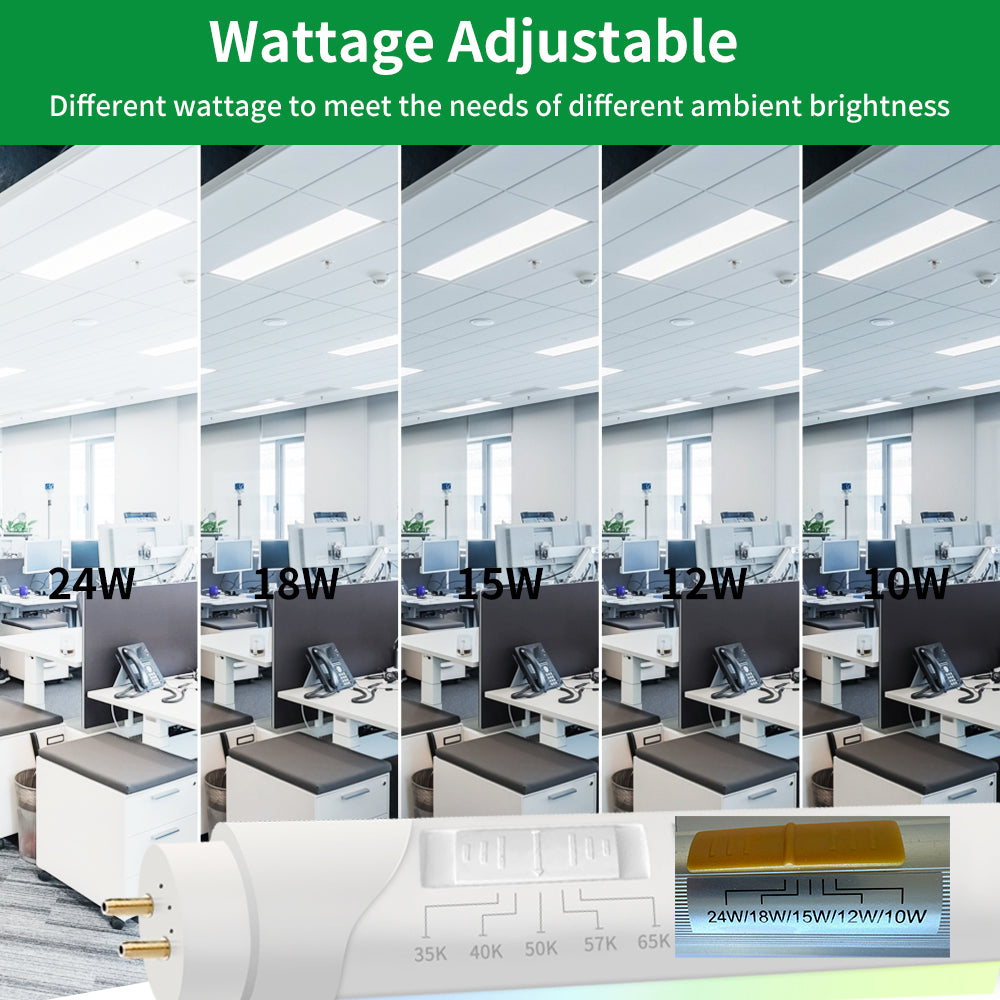 120-277Vac T8 4FT Tube Light, 24W to 10W Selectable 6500K to 2700K Frosted Cover Type A+B Plug Play or Bypass Ballast Single and Dual End Power Input, ETL DLC Listed 25PK