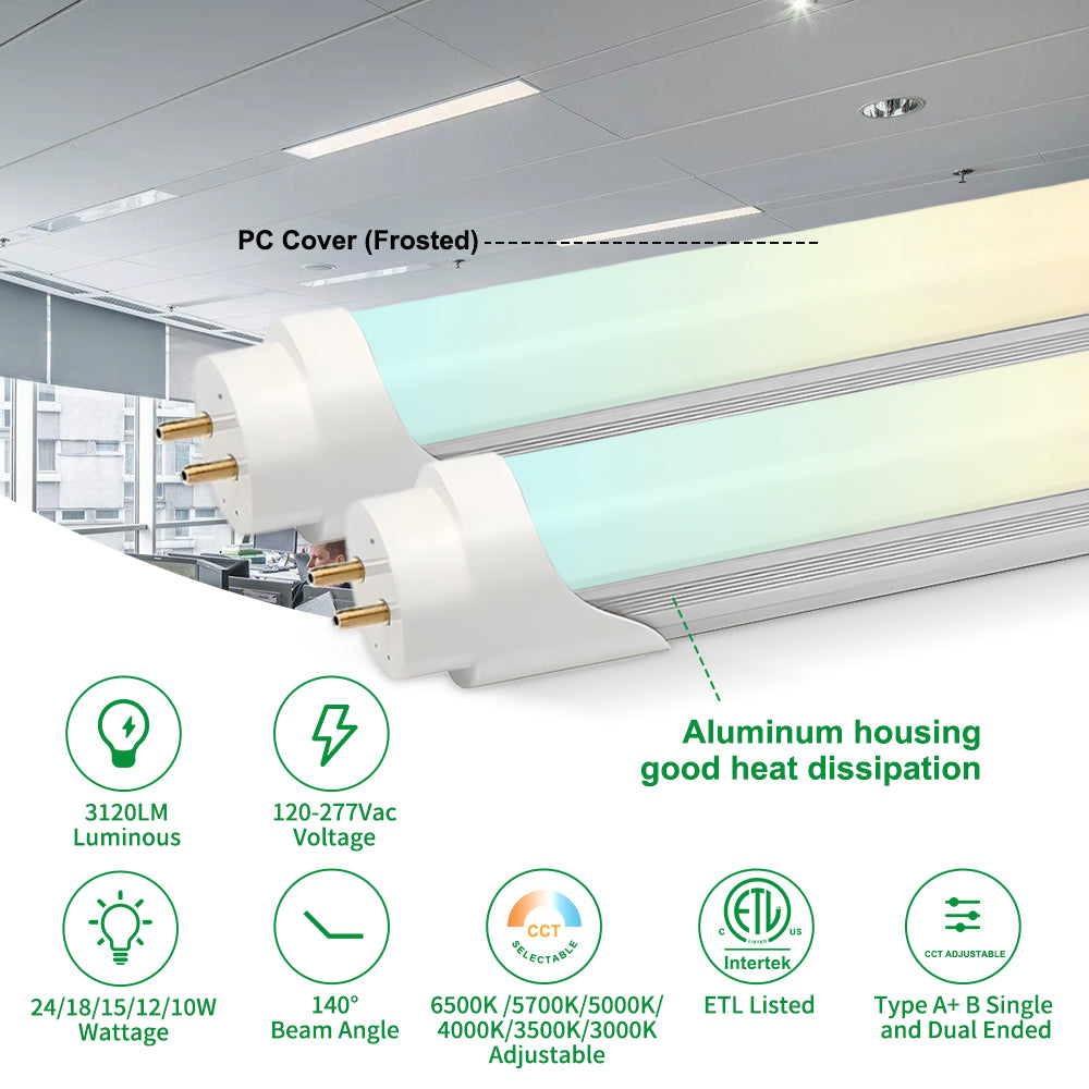 120-277Vac T8 4FT Tube Light, 24W to 10W Selectable 6500K to 2700K Frosted Cover Type A+B Plug Play or Bypass Ballast Single and Dual End Power Input, ETL DLC Listed 25PK