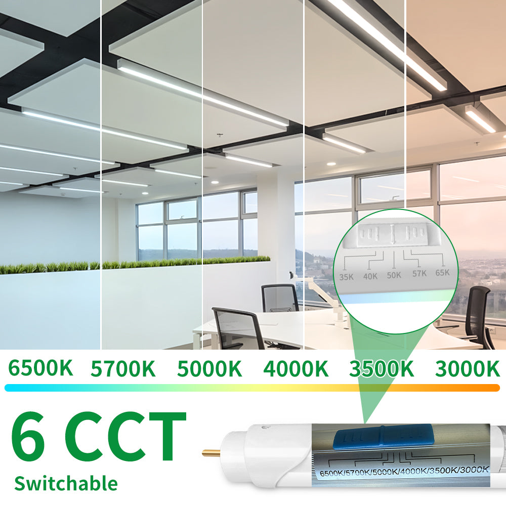 120-277Vac T8 4FT Tube Light, 24W to 10W Selectable 6500K to 2700K Frosted Cover Type A+B Plug Play or Bypass Ballast Single and Dual End Power Input, ETL DLC Listed 25PK