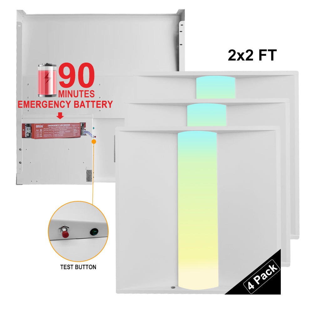 120-277Vac 2x2FT LED Troffer Lights with Emergency Battery Backup, 40W/35W/30W/20W/20W Selectable Wattage and CCT 5000K/4000K/3500K/3000K, 0-10V Dim