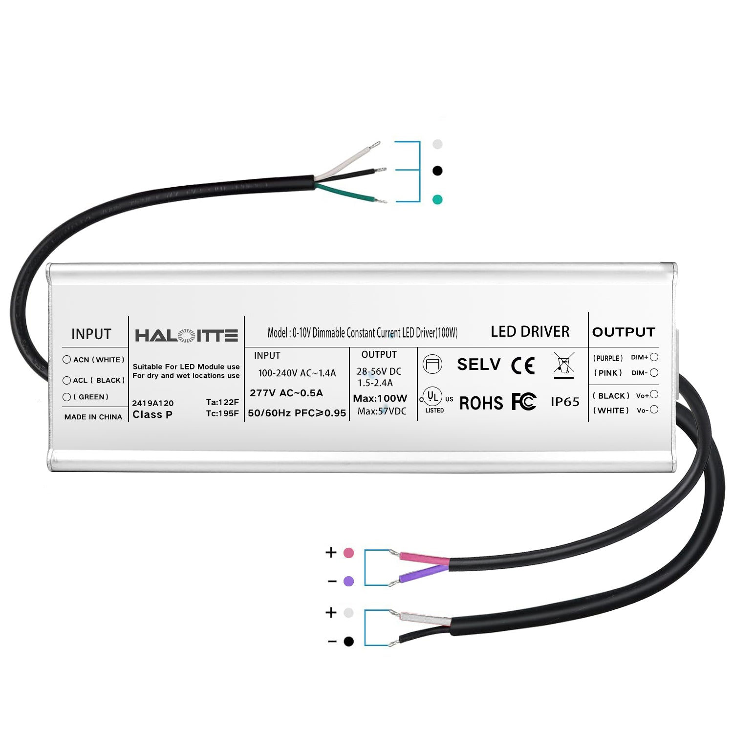 100W LED Driver, 120-277Vac to 28-54Vdc Constant Current Output, 0-10V Dimmable, Isolated Hardwired LED Power Supply, IP65 Waterproof for Light Bar, String Light, UL FCC