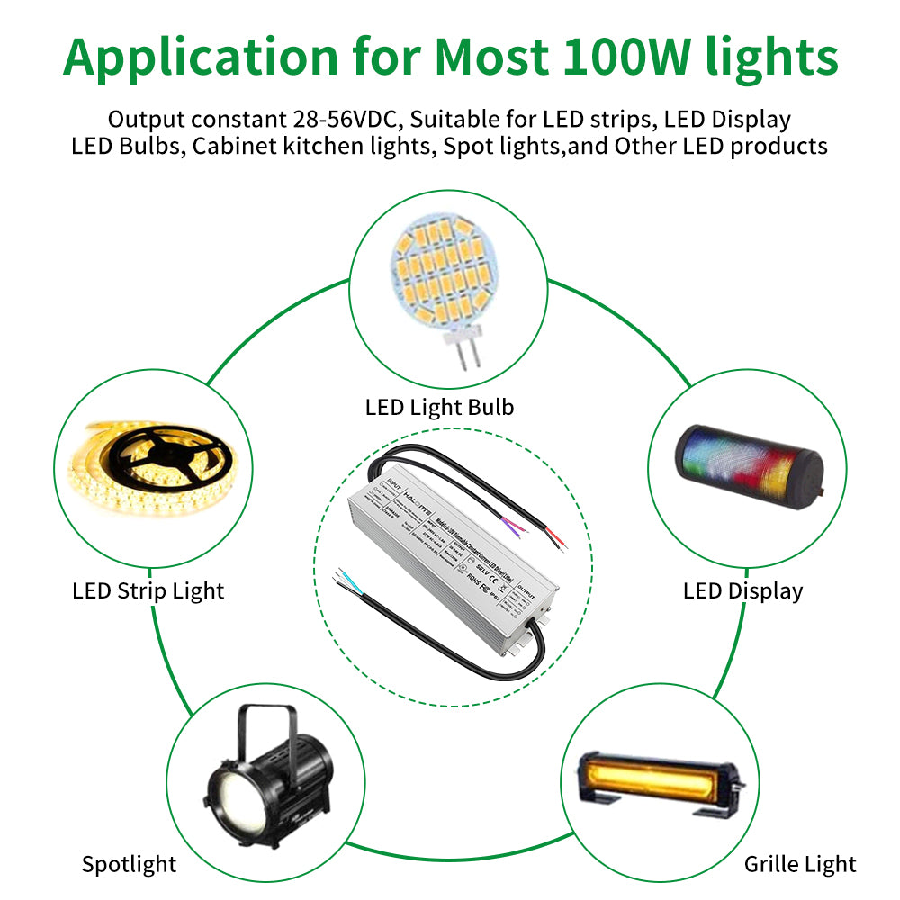 100W LED Driver, 120-277Vac to 28-54Vdc Constant Current Output, 0-10V Dimmable, Isolated Hardwired LED Power Supply, IP65 Waterproof for Light Bar, String Light, UL FCC