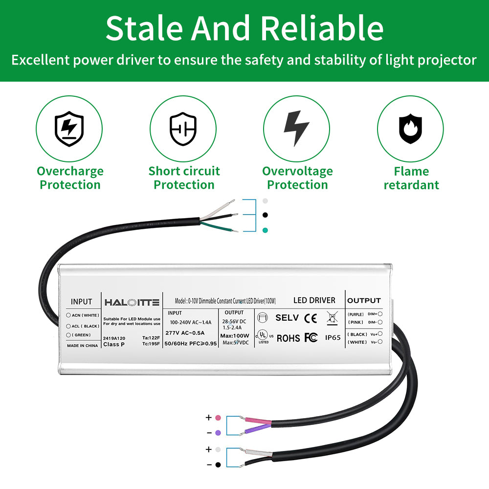 100W LED Driver, 120-277Vac to 28-54Vdc Constant Current Output, 0-10V Dimmable, Isolated Hardwired LED Power Supply, IP65 Waterproof for Light Bar, String Light, UL FCC