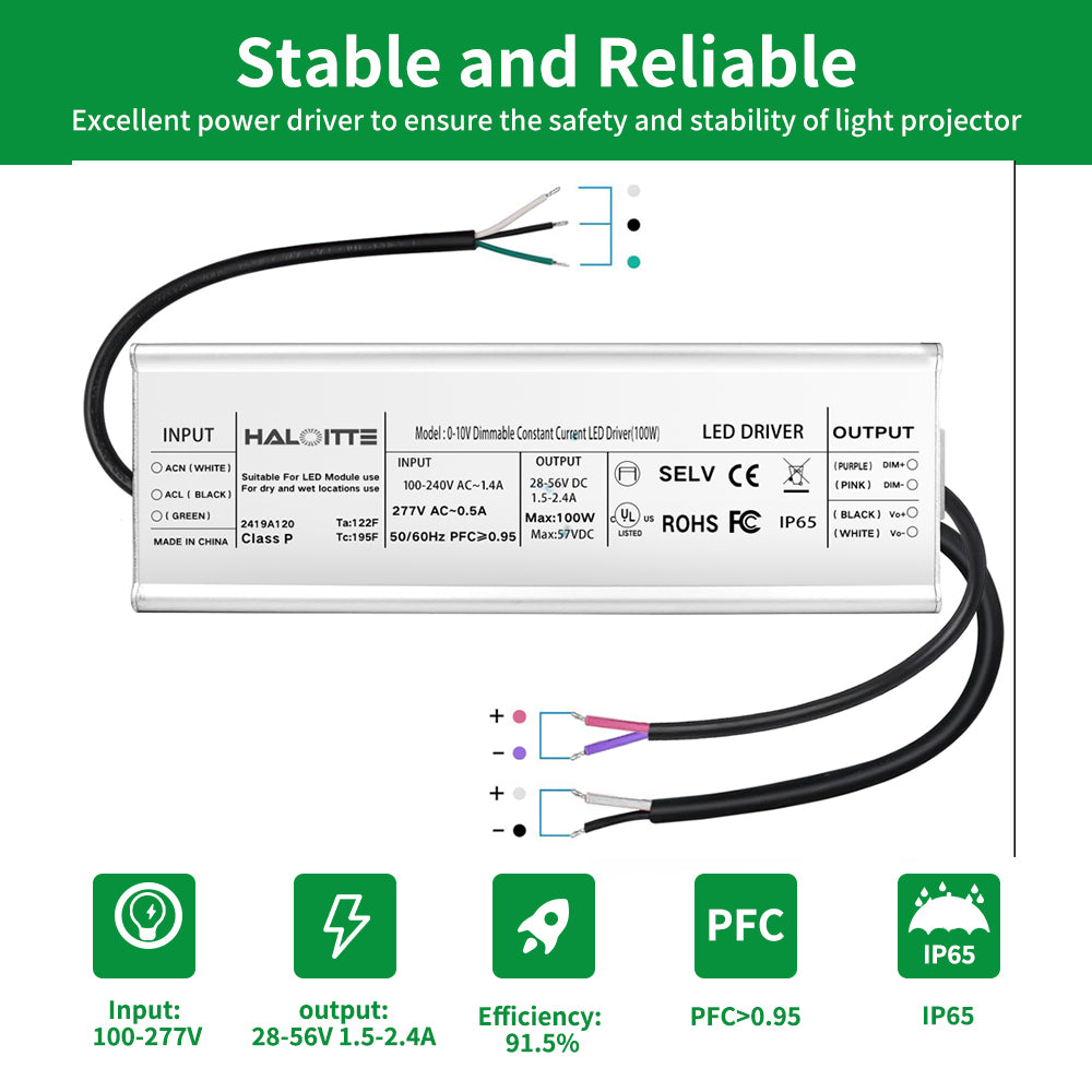 100W LED Driver, 120-277Vac to 28-54Vdc Constant Current Output, 0-10V Dimmable, Isolated Hardwired LED Power Supply, IP65 Waterproof for Light Bar, String Light, UL FCC