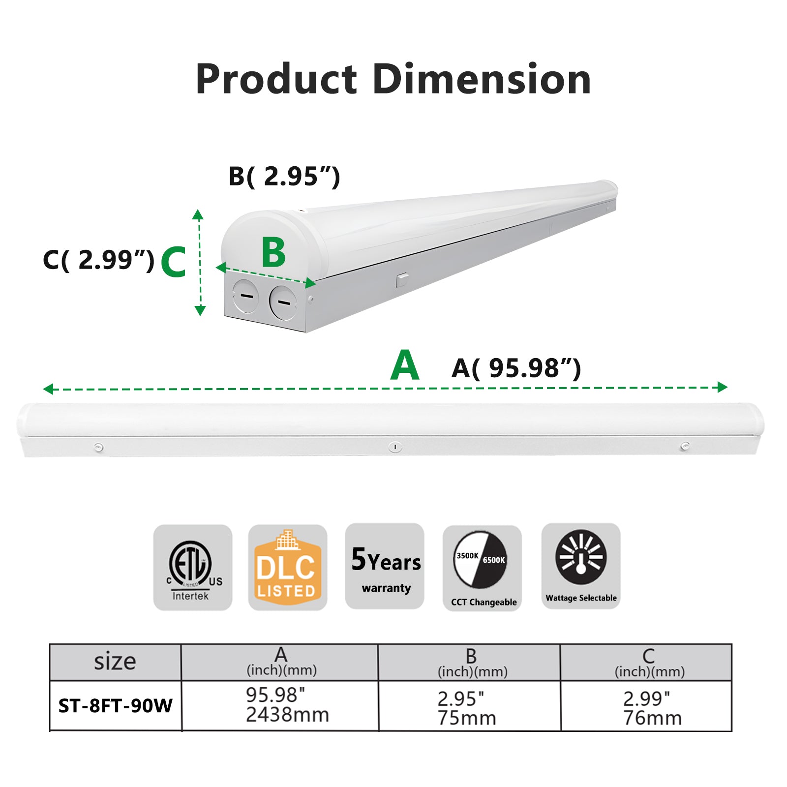 120-277Vac 8FT LED Linear Strip Light, 90W/75W/65W Selectable Wattage and CCT 5000K/4000K/3500K, 0-10V Dim, 6PK