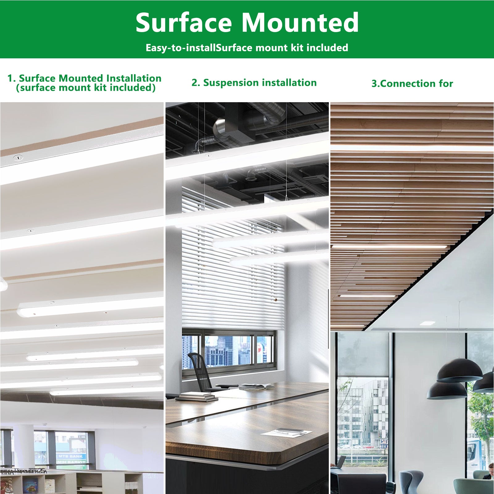 120-277Vac 8FT LED Linear Strip Light, 90W/75W/65W Selectable Wattage and CCT 5000K/4000K/3500K, 0-10V Dim, 6PK