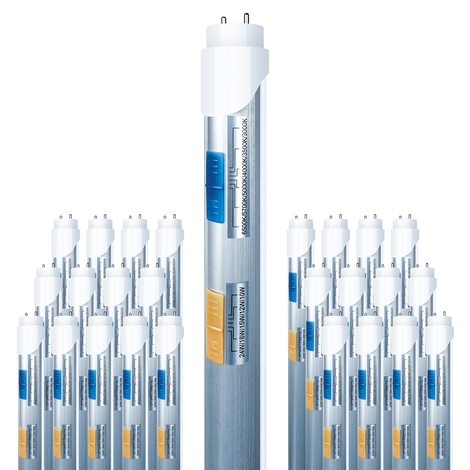 120-277Vac T8 4FT Tube Light, 24W to 10W Selectable 6500K to 2700K Frosted Cover Type A+B Plug Play or Bypass Ballast Single and Dual End Power Input, ETL DLC Listed 25PK