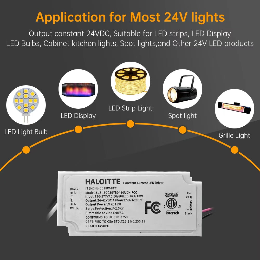 18W Constant Current LED Driver, 120-277Vac to 24-42Vdc, TRIAC Dimmable at 120 Volt, Isolated Class 2 IP65 Waterproof Power Supply for LED Light Bars & String Lights, ETL FCC Listed, 1PK