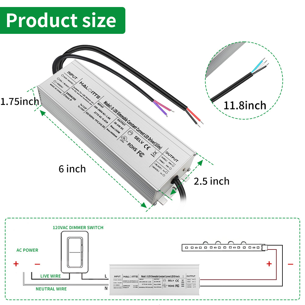 100W LED Driver, 120-277Vac to 28-54Vdc Constant Current Output, 0-10V Dimmable, Isolated Hardwired LED Power Supply, IP65 Waterproof for Light Bar, String Light, UL FCC